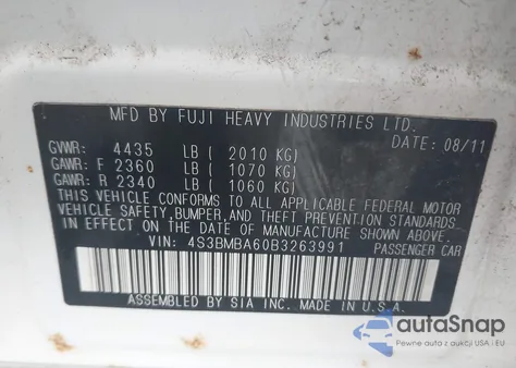 2011 Subaru Legacy 2.5I z USA, uszkodzony, nr VIN 4S3BMBA60B3263991